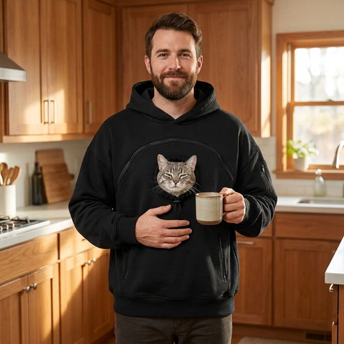Man in the black Mewdie hoodie with a grey tabby peeking out