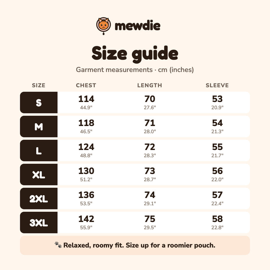 Mewdie size guide: chest, length and sleeve in cm and inches